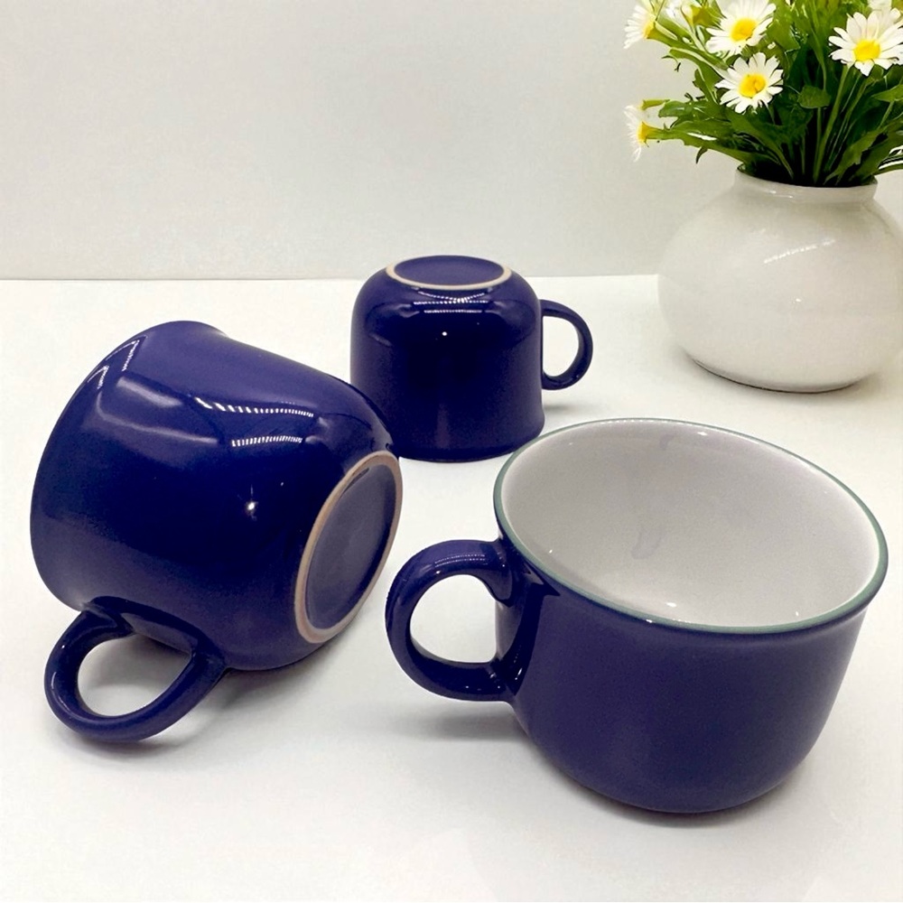 Vintage Cobalt Blue Ceramic Mug Set of 3 - 8oz Stoneware Coffee Cups